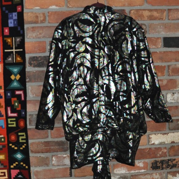 Vtg 90s Avant Garde Metallic BLACK LEATHER Bat Wing Cocoon Jacket CAR Coat M - Picture 3 of 14
